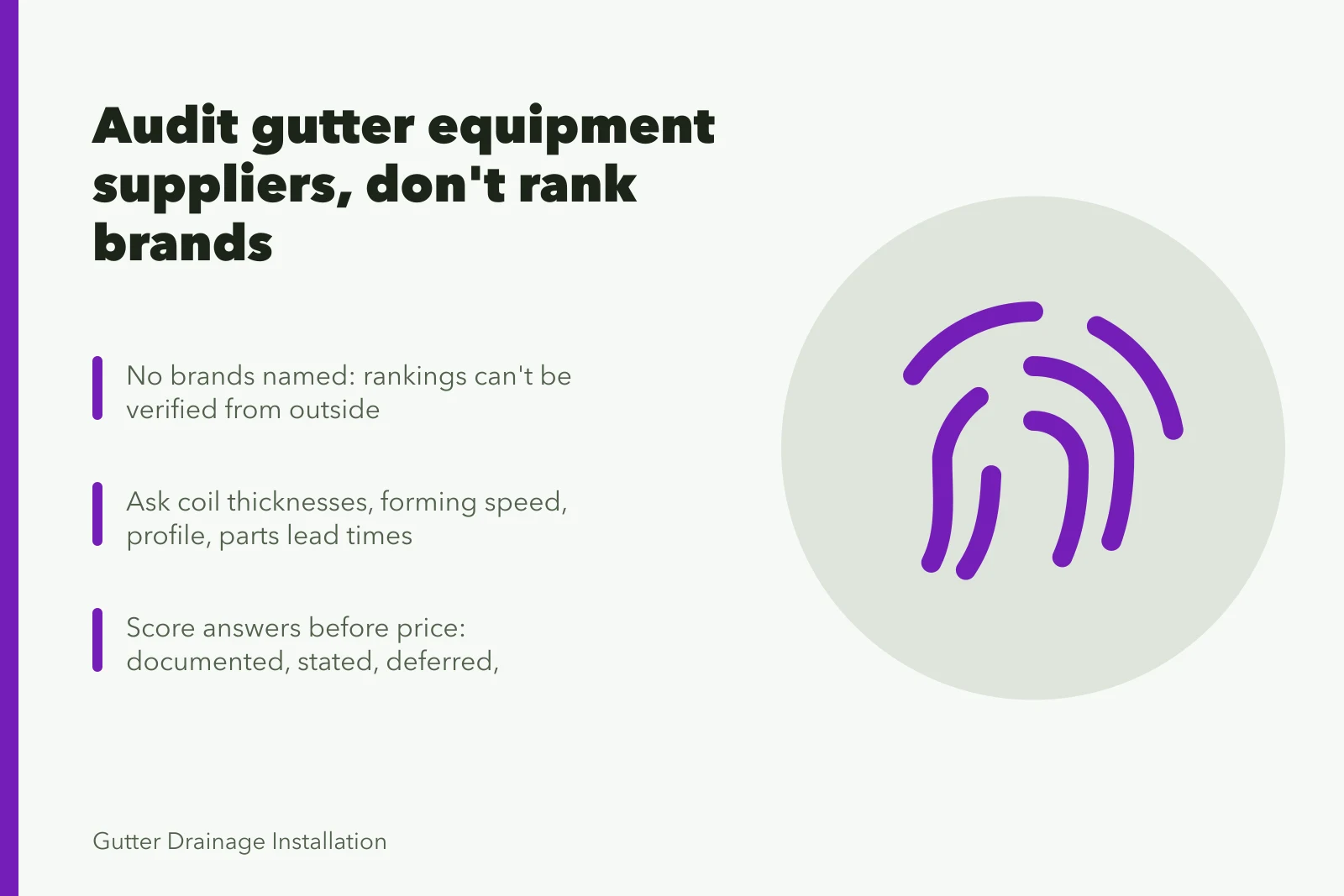 Checklist card for auditing gutter equipment suppliers before buying. The gutter service equipment brands owners buy twice for 2027