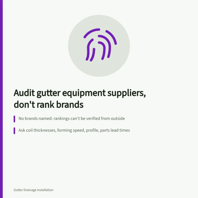 Checklist card for auditing gutter equipment suppliers before buying. The gutter service equipment brands owners buy twice for 2027