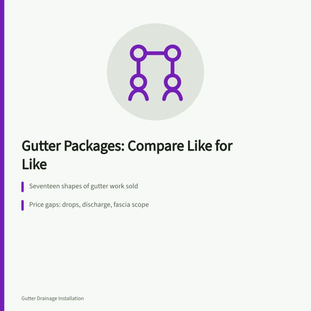 Card comparing gutter service packages by scope, drops, and discharge. Reviewing gutter service packages: strengths, gaps and a verdict