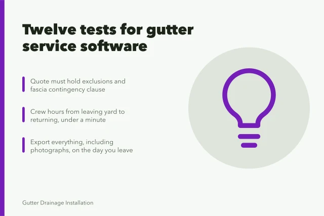 Card listing twelve trial tests for choosing gutter service software. Choosing gutter service software: reviews and verdicts