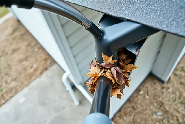Gutter vacuum with curved nozzle clearing dry leaves from a roof gutter. How to Clean Gutters Safely Without a Ladder