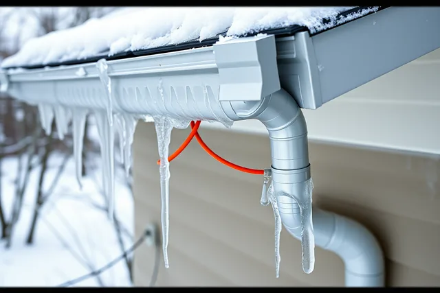 Icy eavestrough and downspout on a Canadian house roof with heat cable in winter. Eavestrough Drainage in Canadian Winters: A Homeowner's Guide