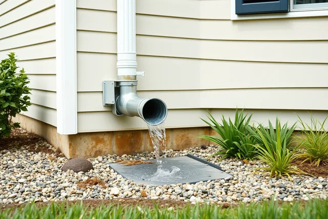 Disconnected downspout directing roof water away from a house into a garden bed. Downspout disconnection rules in Toronto, Vancouver and Montreal compared