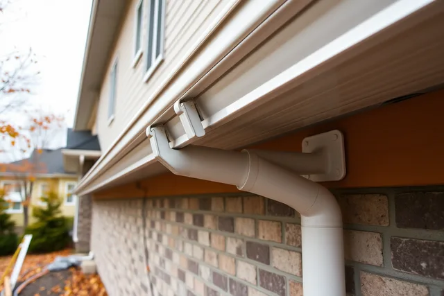 Aluminum eavestrough and downspout on a Canadian house fascia. How Canadian gutter installers size eavestroughs under the National Building Code
