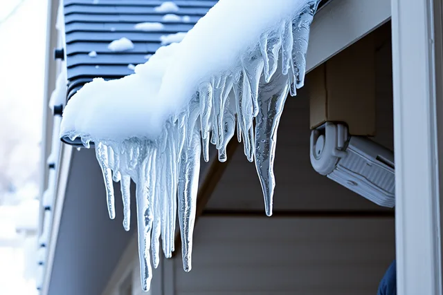 Ice dam and icicles along a snow-covered roof eave and eavestrough in winter. Ice damming on Edmonton and Winnipeg roofs, a winter guide for gutter work