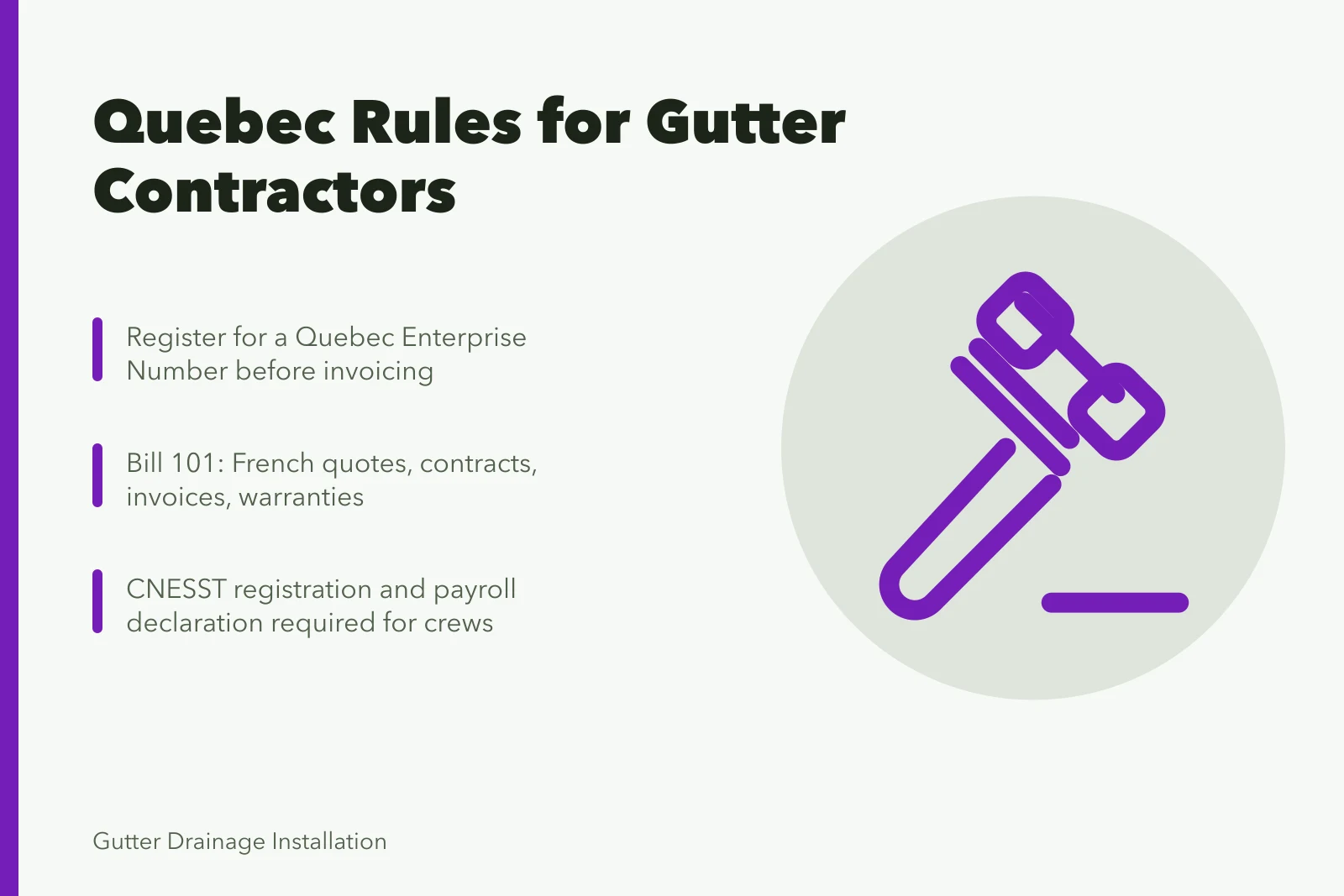 Quebec gutter contractor compliance: NEQ registration, Bill 101 French rules, CNESST safety. Working in Quebec as a gutter contractor under Bill 101 and CNESST