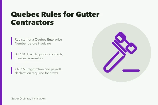 Quebec gutter contractor compliance: NEQ registration, Bill 101 French rules, CNESST safety. Working in Quebec as a gutter contractor under Bill 101 and CNESST