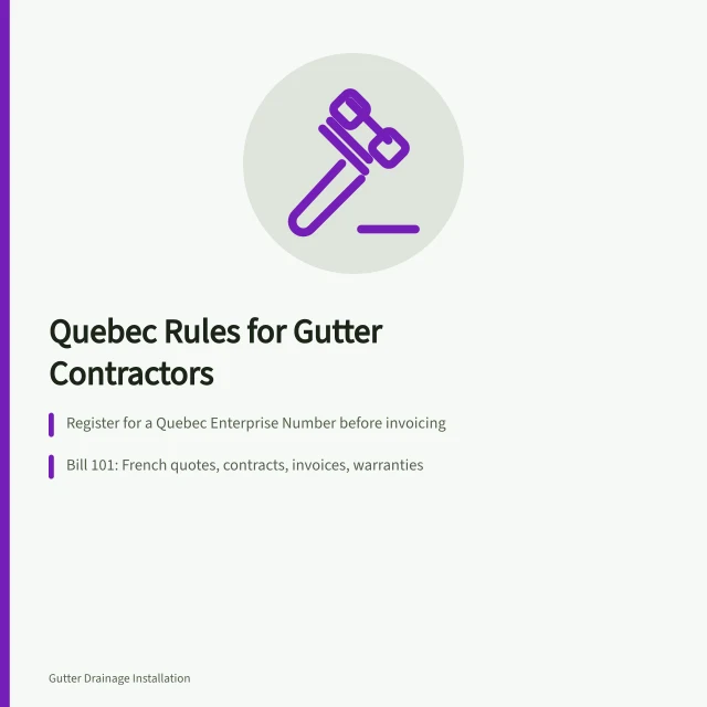 Quebec gutter contractor compliance: NEQ registration, Bill 101 French rules, CNESST safety. Working in Quebec as a gutter contractor under Bill 101 and CNESST