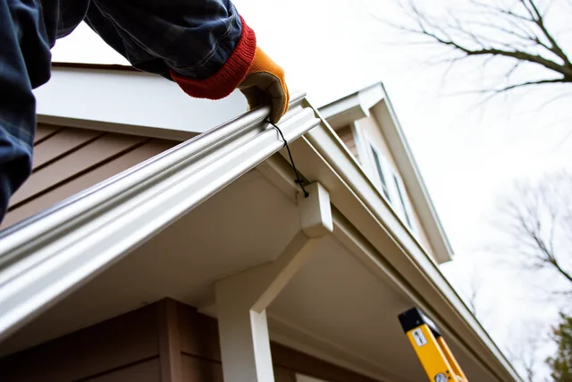 Worker installing aluminum gutter section along house fascia with downspout. Serving US and Canadian clients as a cross-border gutter business