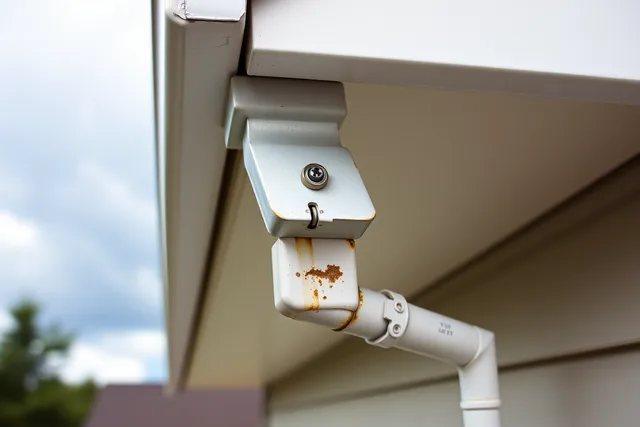 Hail-dented aluminium gutter and downspout on a house after a storm. Hail and wind damage claims for Alberta and Saskatchewan gutters