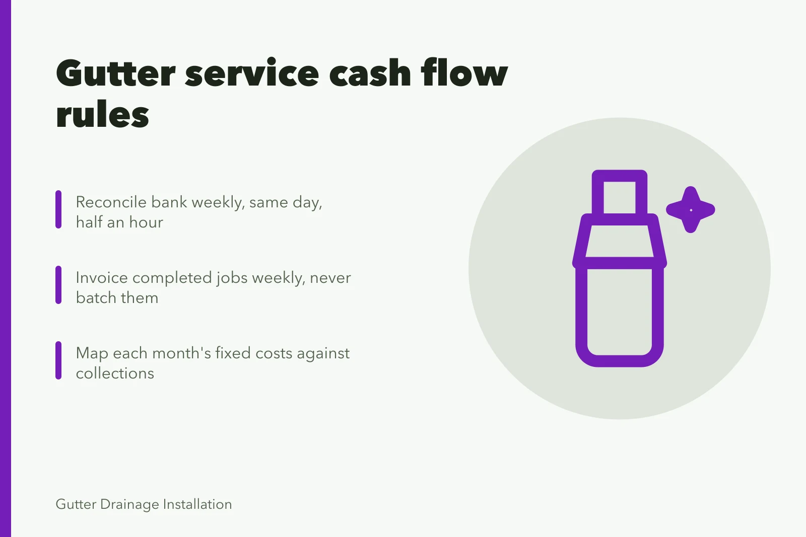 Card on gutter service bookkeeping rhythm, monthly close, and seasonal cash map. Gutter service finances: bookkeeping habits and cash flow rules