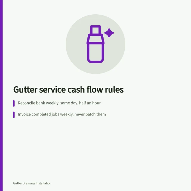 Card on gutter service bookkeeping rhythm, monthly close, and seasonal cash map. Gutter service finances: bookkeeping habits and cash flow rules