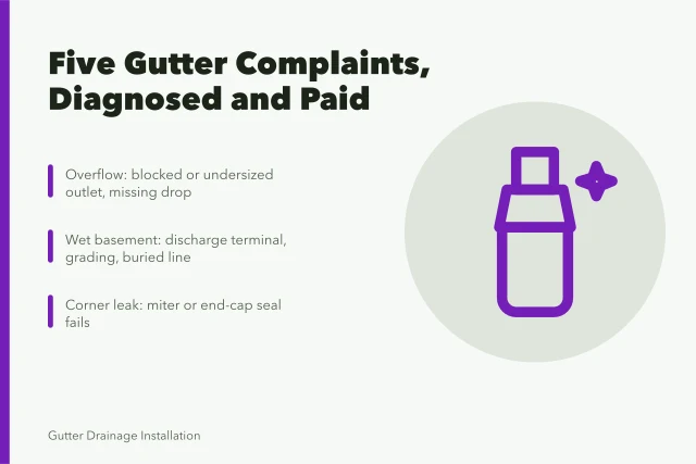 Gutter complaint diagnosis card: overflow, wet basement, corner leak, hose test, payment rule. The short version of gutter service complaint handling