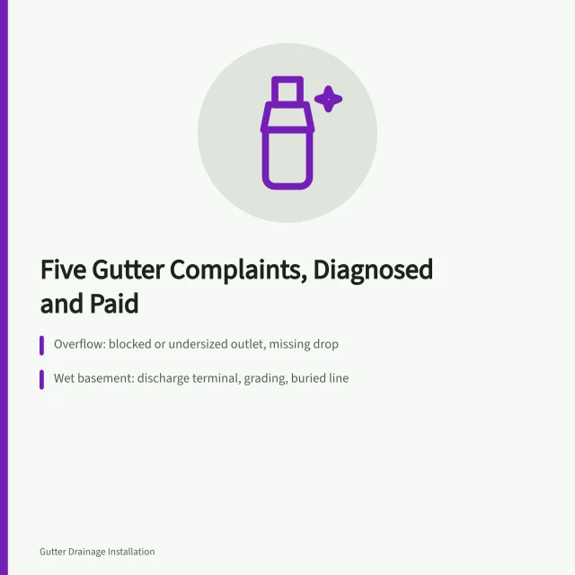 Gutter complaint diagnosis card: overflow, wet basement, corner leak, hose test, payment rule. The short version of gutter service complaint handling
