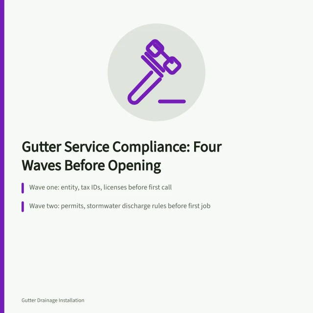 Checklist card showing four compliance waves for gutter service businesses. Gutter service opening requirements, explained