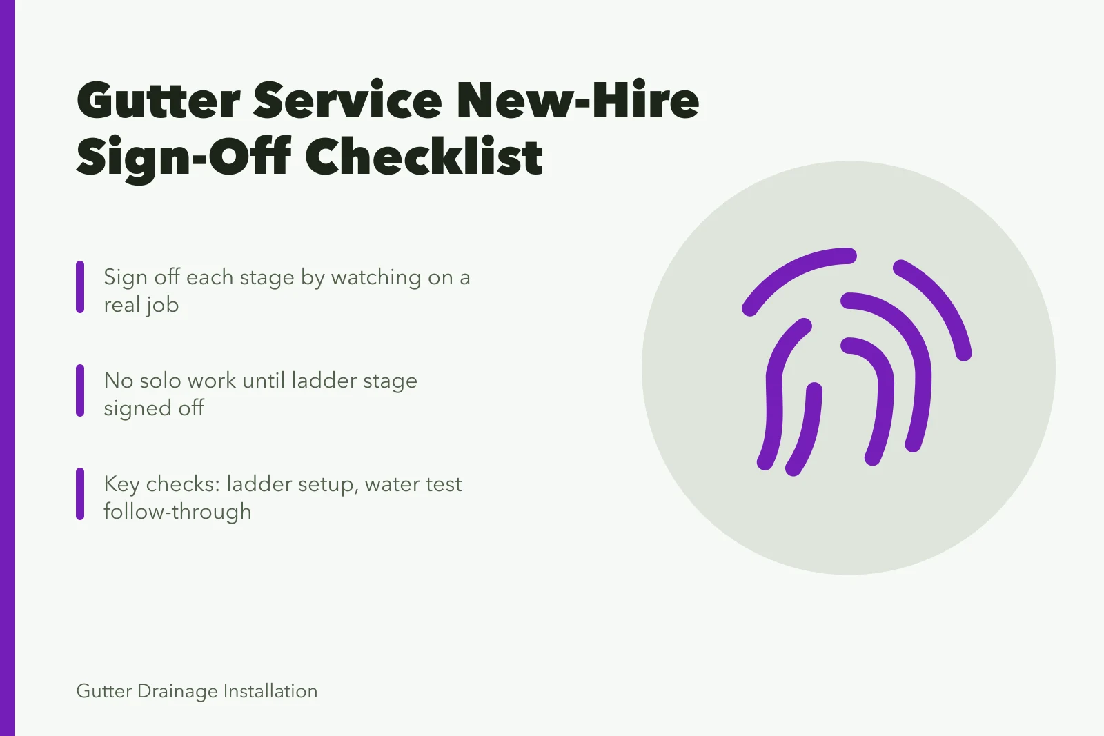 Checklist card for gutter service new-hire training sign-offs. The new-hire checklist for a gutter service business