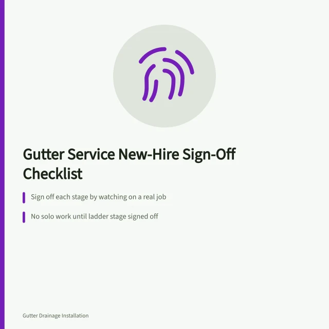 Checklist card for gutter service new-hire training sign-offs. The new-hire checklist for a gutter service business