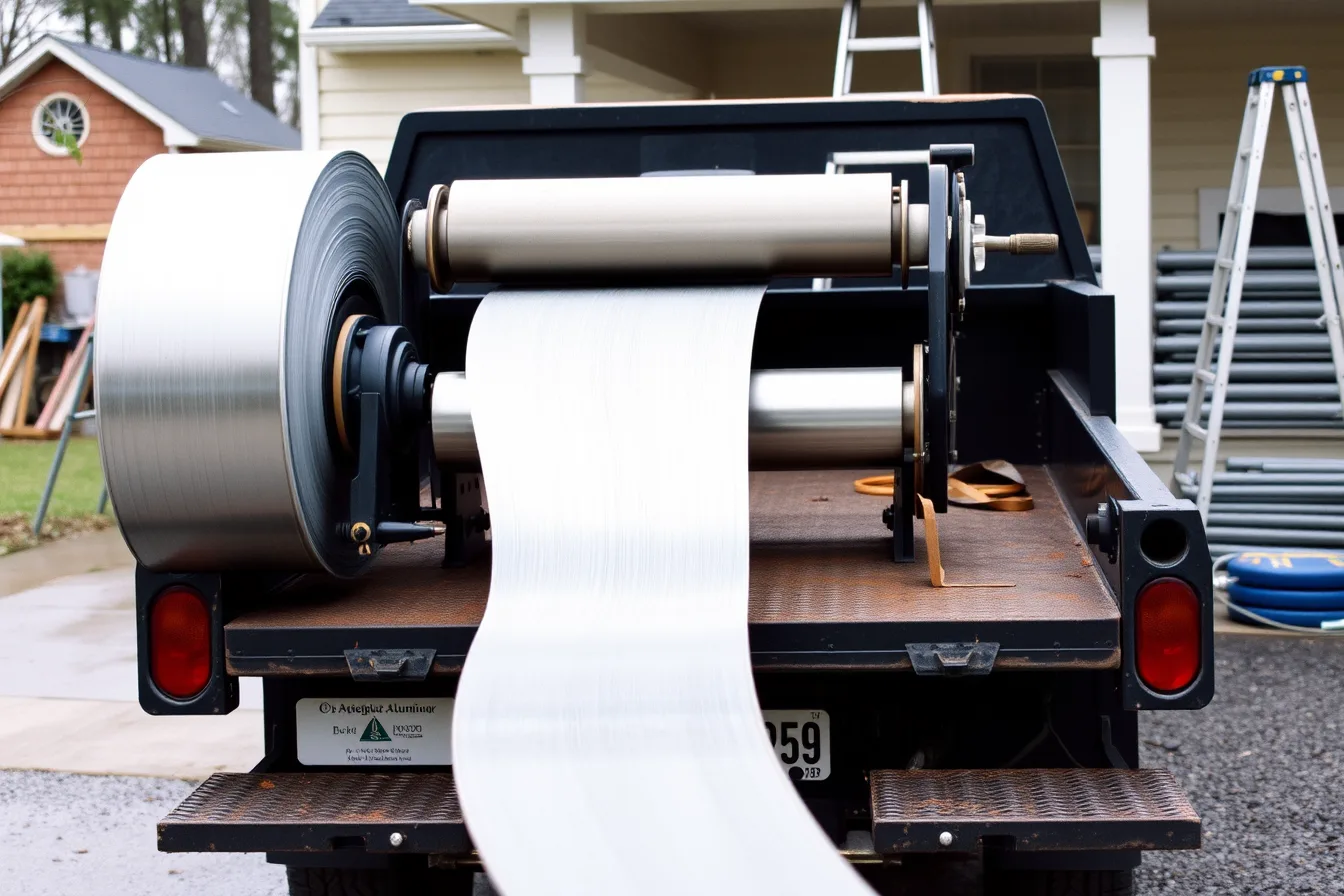 Portable roll former forming a seamless gutter from a coil on a work truck. Gutter service equipment reviewed: what holds up and what does not