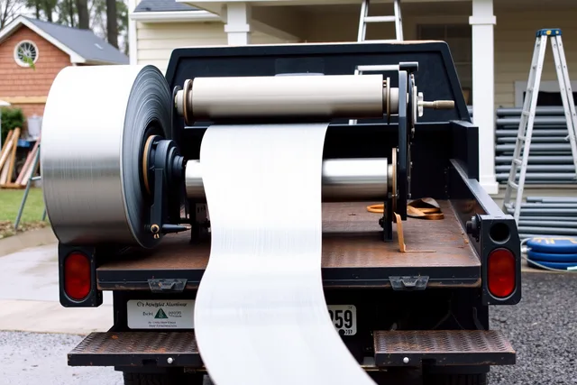 Portable roll former forming a seamless gutter from a coil on a work truck. Gutter service equipment reviewed: what holds up and what does not