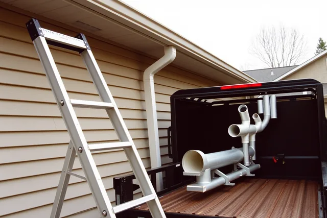 Ladder standoff on fascia beside seamless gutter machine and downspout parts. Gutter service equipment essentials for a new business