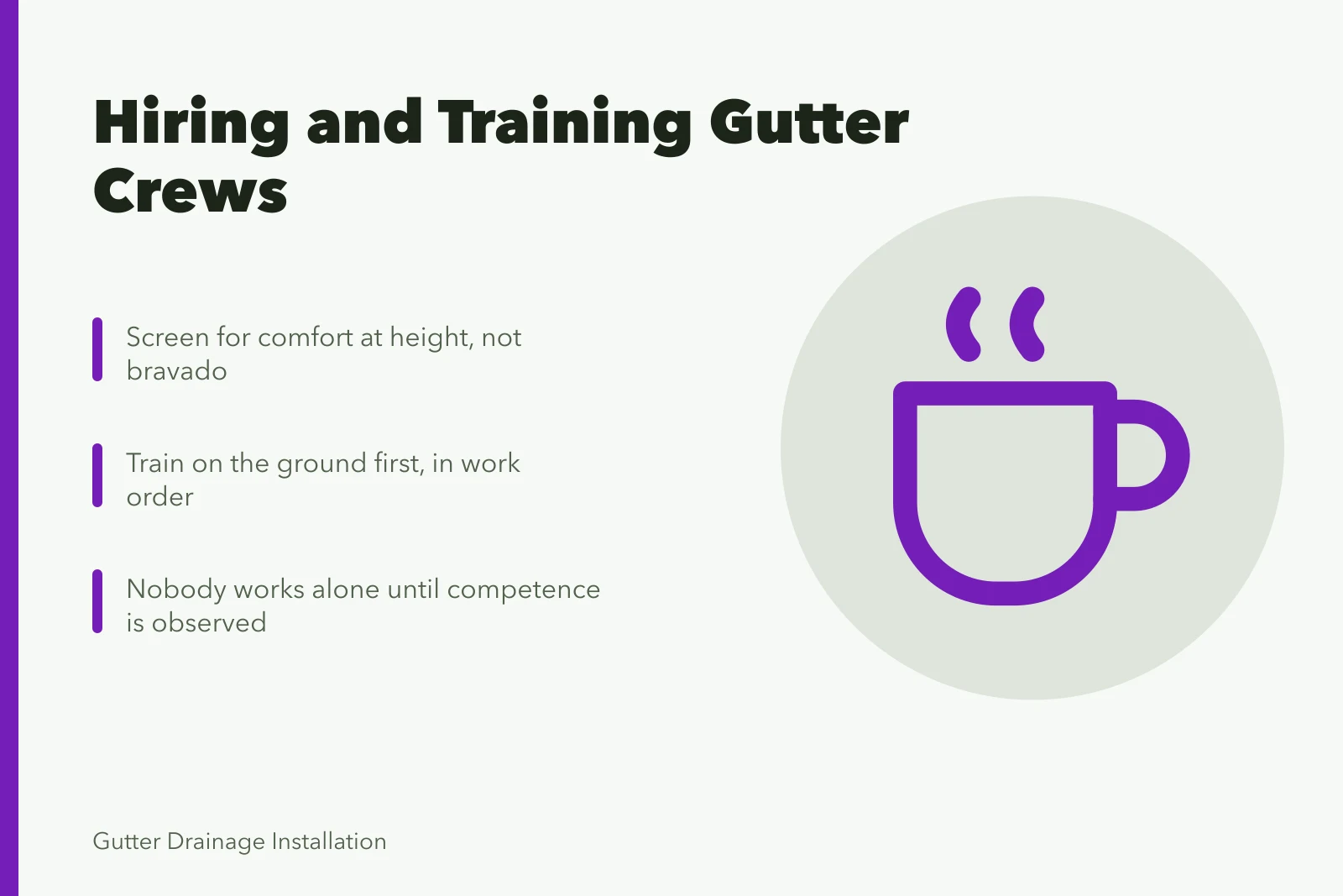 Card about hiring and training gutter service crews safely. How a gutter service business hires and trains