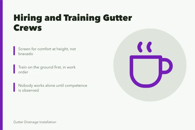 Card about hiring and training gutter service crews safely. How a gutter service business hires and trains