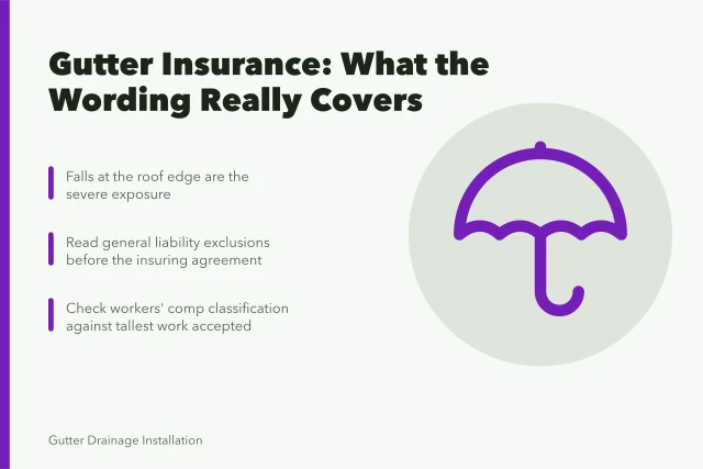 Gutter service insurance coverage card: falls, liability exclusions, workers' comp classification. What gutter service insurance costs, and what it covers