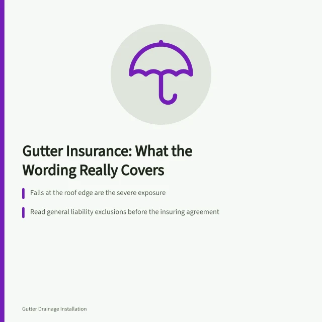 Gutter service insurance coverage card: falls, liability exclusions, workers' comp classification. What gutter service insurance costs, and what it covers