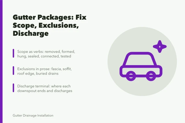 Gutter service package card outlining scope, exclusions and downspout discharge. Gutter service packages: the parts worth your attention