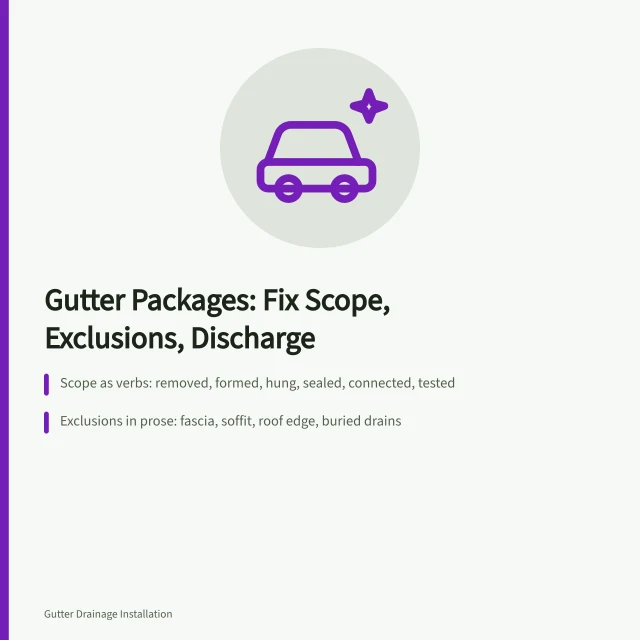 Gutter service package card outlining scope, exclusions and downspout discharge. Gutter service packages: the parts worth your attention