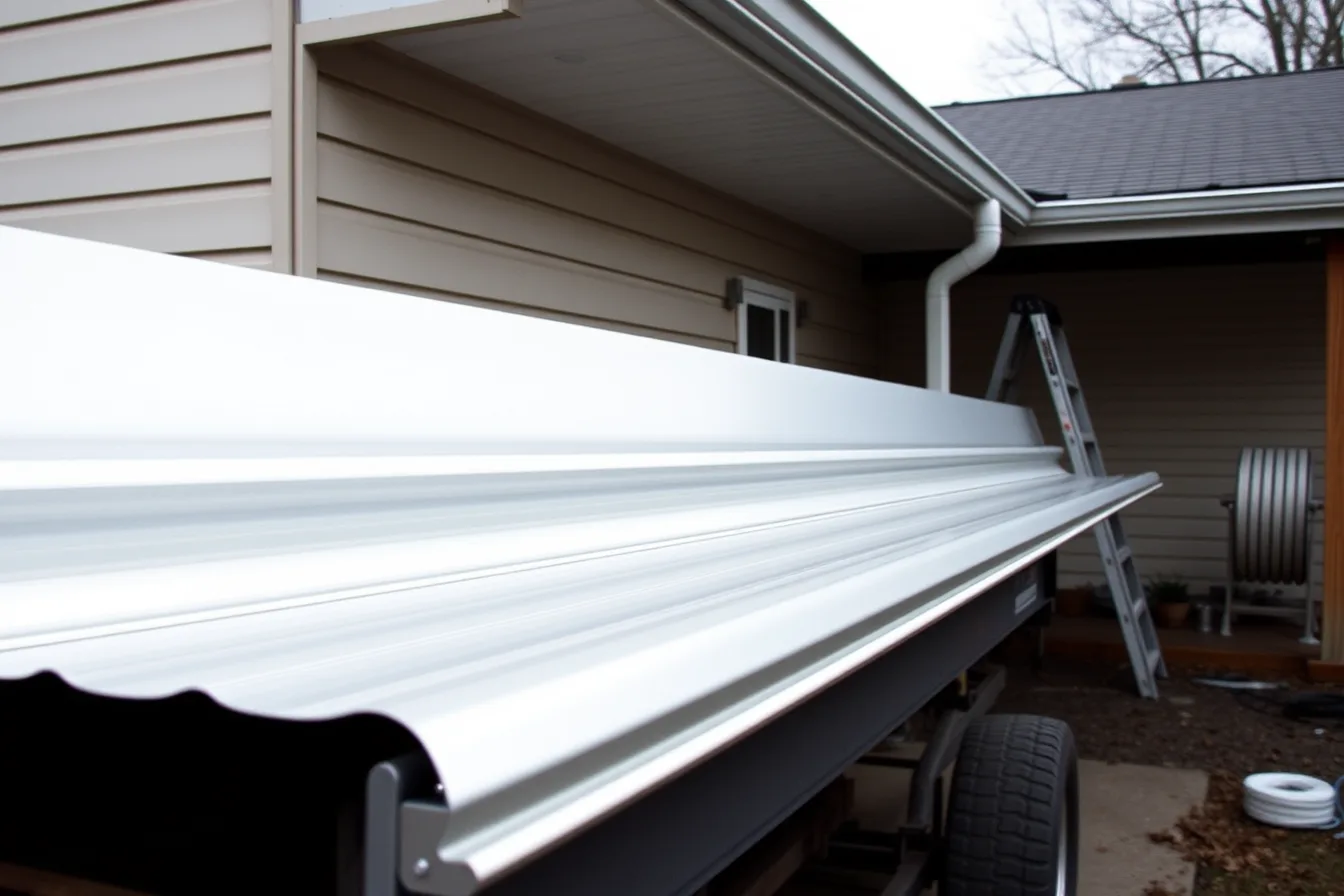 Portable roll-forming machine producing a seamless aluminum gutter run beside a house fascia. The pricing side of a profitable gutter service for 2027