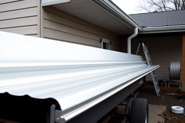 Portable roll-forming machine producing a seamless aluminum gutter run beside a house fascia. The pricing side of a profitable gutter service for 2027
