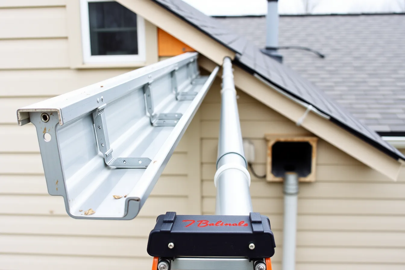 Half-hung aluminum gutter run on house fascia with hangers and downspout outlet. Gutter service quality assurance: the version that survives contact with reality