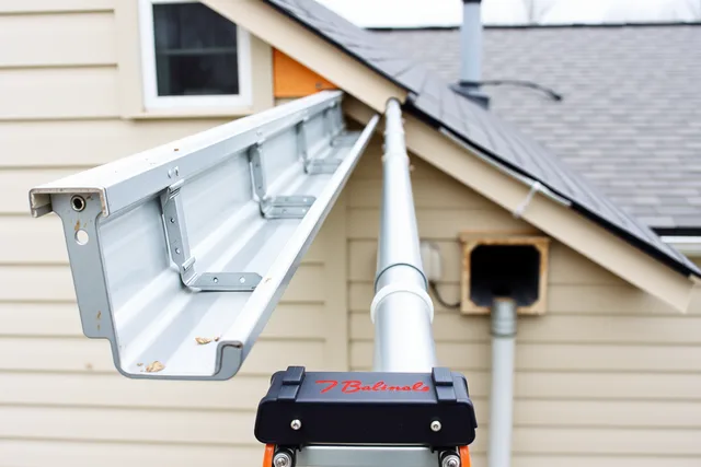 Half-hung aluminum gutter run on house fascia with hangers and downspout outlet. Gutter service quality assurance: the version that survives contact with reality