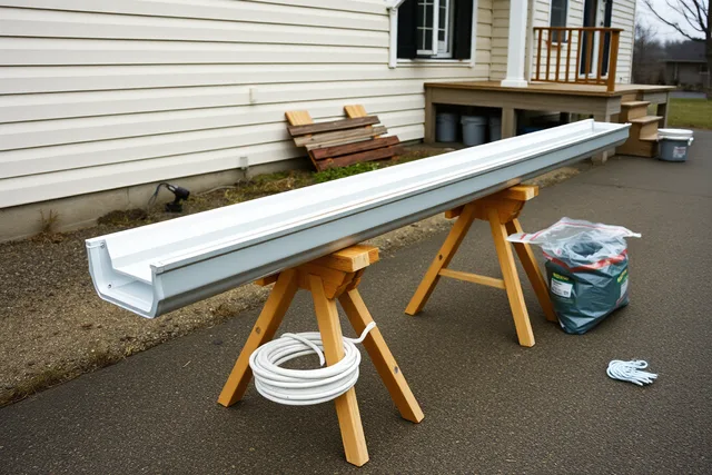 K-style gutter installed on fascia with string line showing slope toward downspout. How to Install a Gutter Drainage System That Handles Heavy Rain