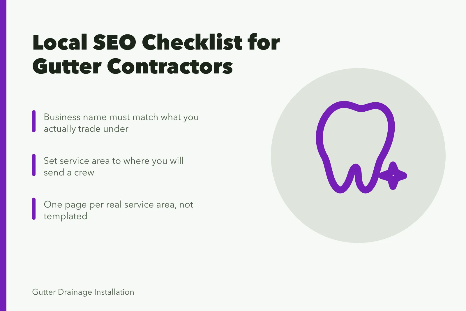Local SEO checklist card for gutter and downspout contractors. Getting a gutter found locally: SEO checklist