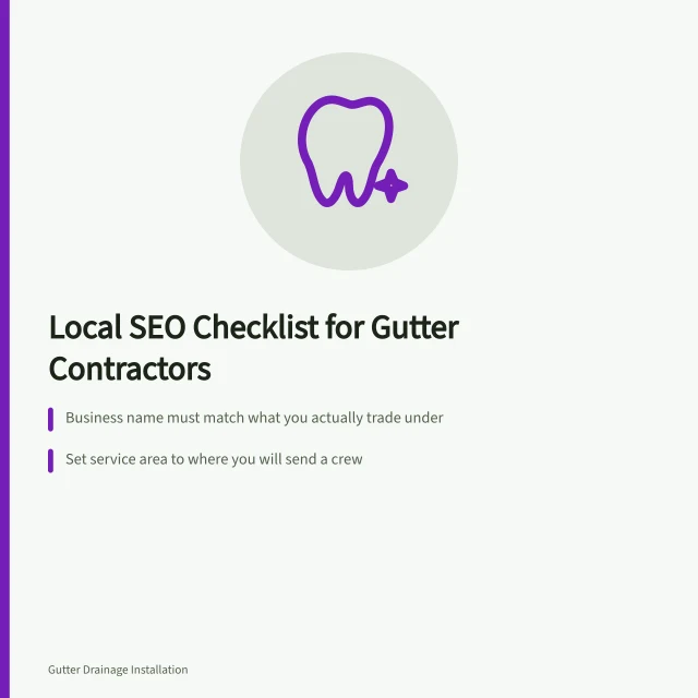 Local SEO checklist card for gutter and downspout contractors. Getting a gutter found locally: SEO checklist