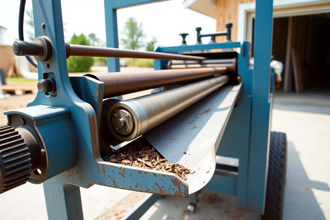 Used gutter roll-forming machine with rollers and dies forming metal gutter on a jobsite. How to decide between new and used gutter service equipment