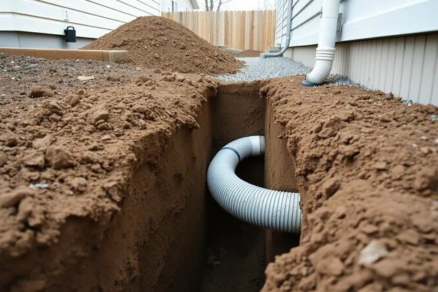 Underground gutter drain pipe laid in a deep trench beside a house. Underground Gutter Drainage Installation in Ontario: Rules and Costs