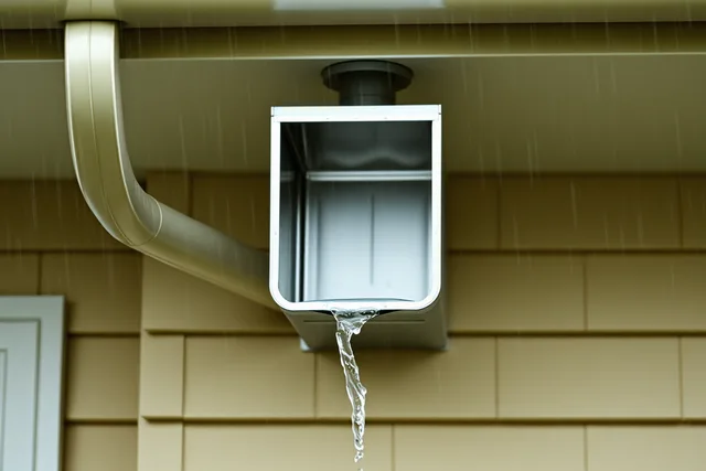 Rectangular gutter downspout carrying rainwater down a house exterior wall. What Size Gutter Drain Pipe Do I Need for My Roof?