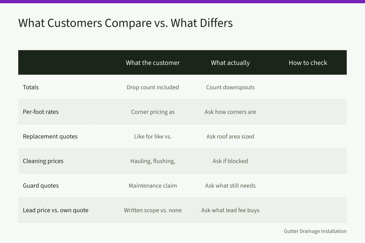 Table showing common customer comparisons and the actual differences to check (Reviewing gutter service packages: strengths, gaps and a verdict)
