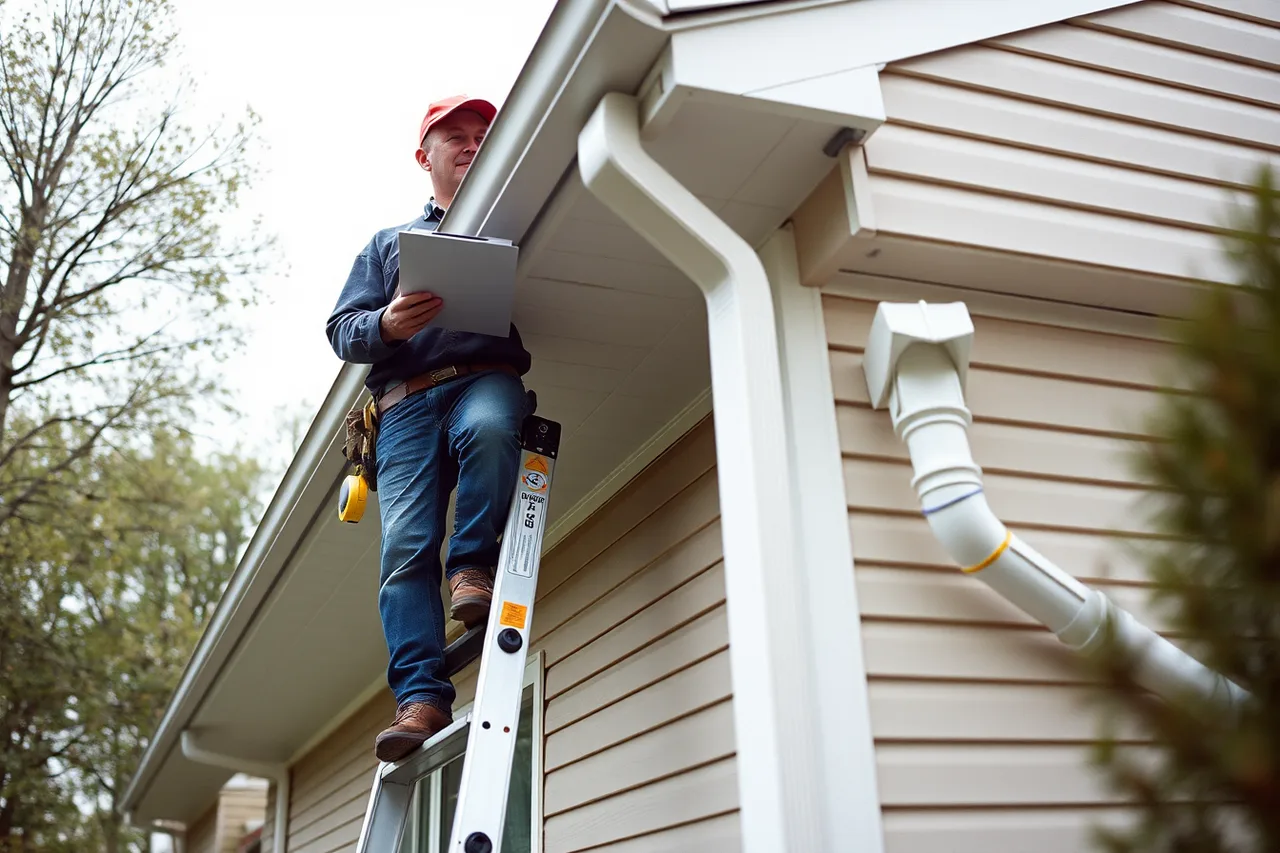 Installer on ladder measuring gutter and fascia during an estimate (Gutter companies worth watching for 2027)