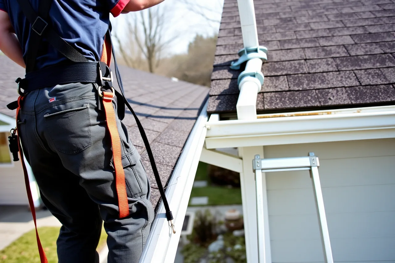 Gutter crew member in harness and lanyard working at roof edge (Gutter companies worth watching for 2027)