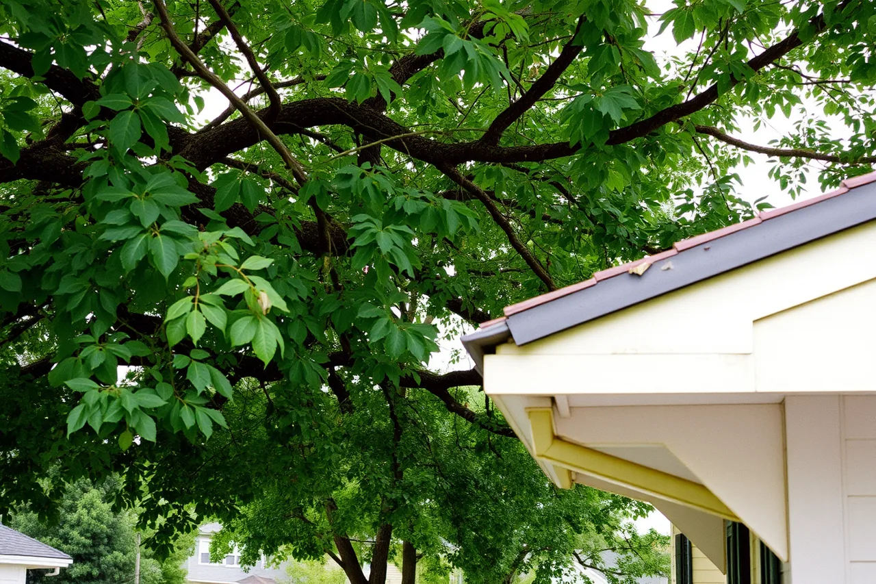 Mature trees overhanging a house roof and gutter (Which markets suit a gutter service business)