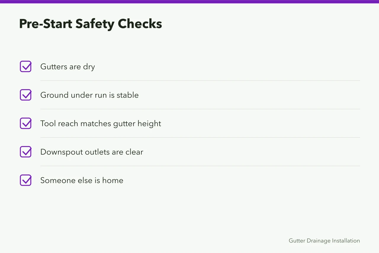 Checklist of five pre-start gutter cleaning safety conditions (How to Clean Gutters Safely Without a Ladder)