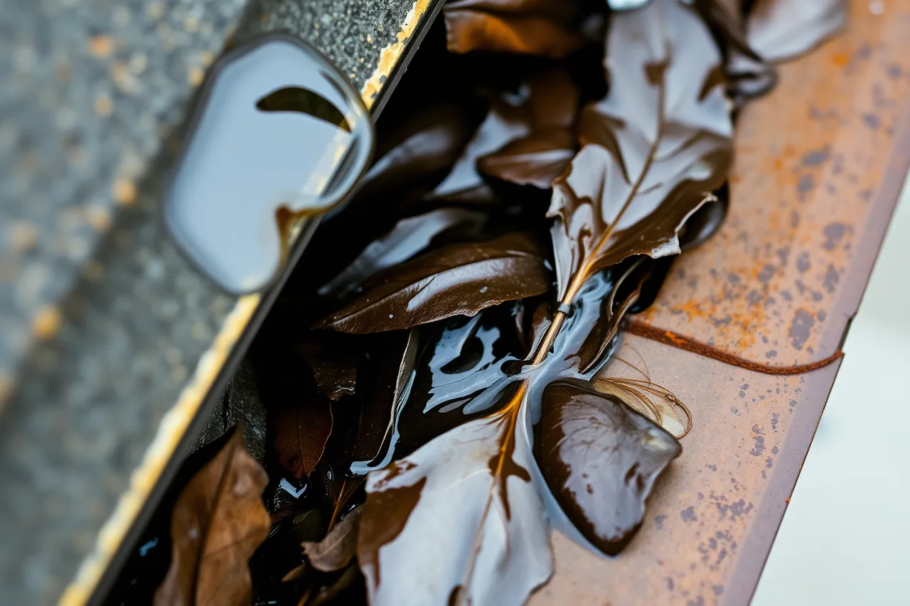 Wet matted leaves and standing water packed in a gutter seam (How to Clean Gutters Safely Without a Ladder)