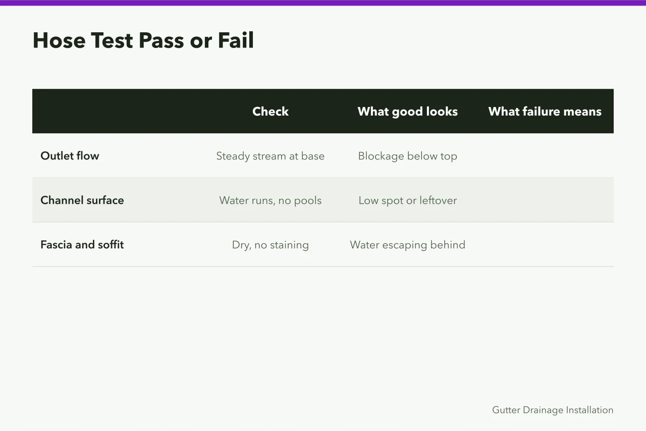 Comparison table of three hose test checks and failure meanings (How to Clean Gutters Safely Without a Ladder)