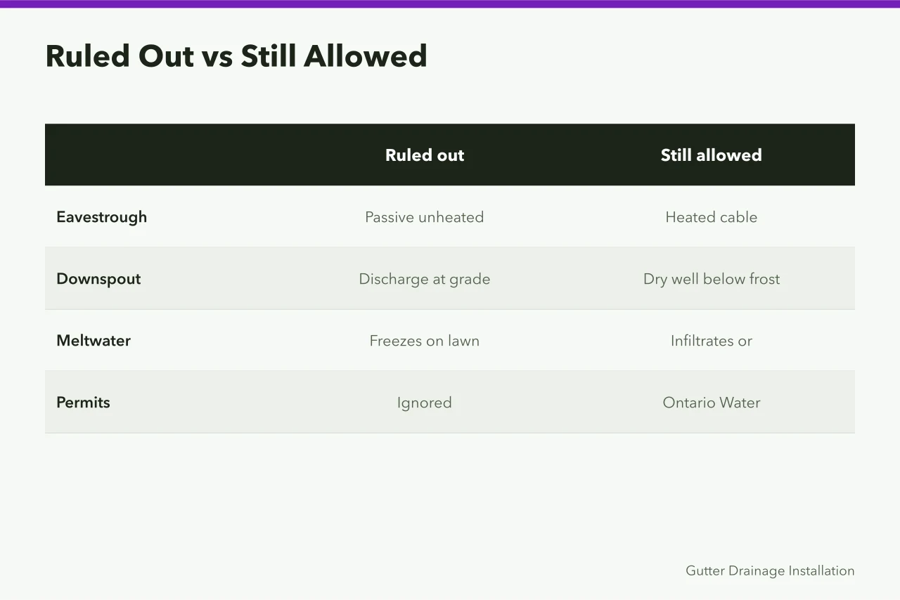 Comparison of winter eavestrough options ruled out and still allowed (Eavestrough Drainage in Canadian Winters: A Homeowner's Guide)