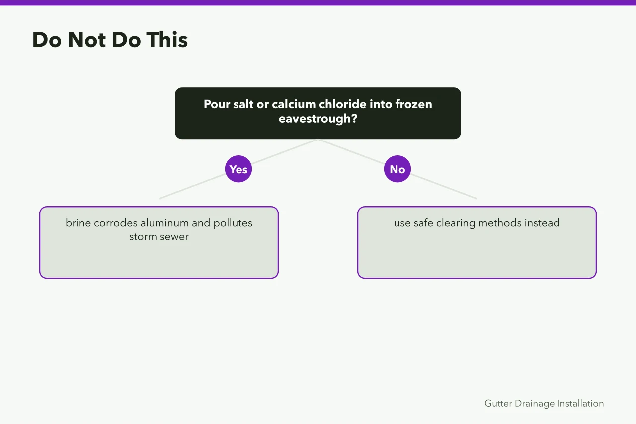 Decision graphic on unsafe frozen eavestrough clearing methods (Eavestrough Drainage in Canadian Winters: A Homeowner's Guide)