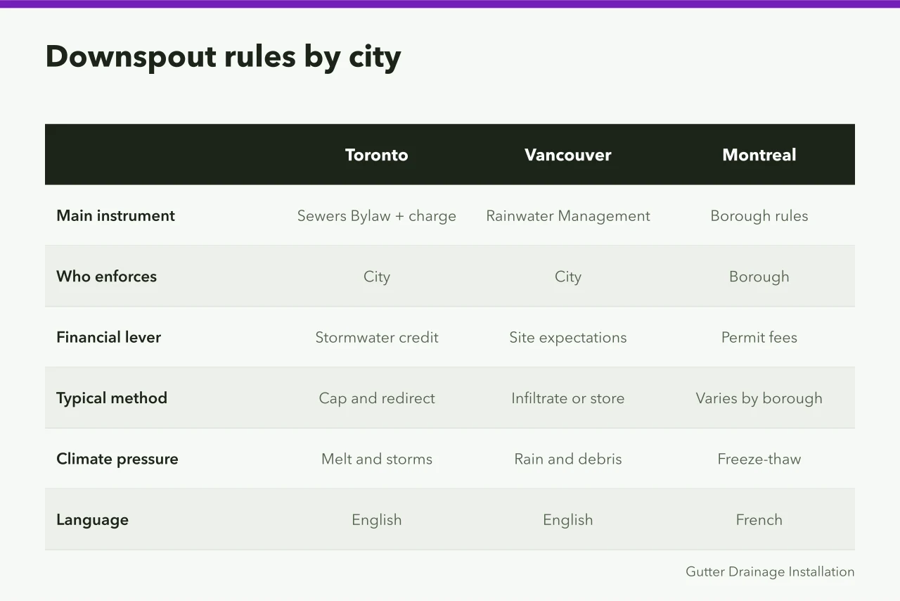 Table comparing downspout disconnection rules in Toronto, Vancouver and Montreal (Downspout disconnection rules in Toronto, Vancouver and Montreal compared)